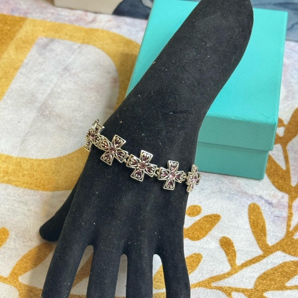 Avon Silver and Pink Rhinestones Cross Bracelet